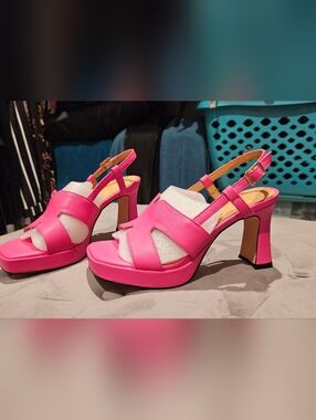 Hot Pink Platform Slingback Heeled Sandals